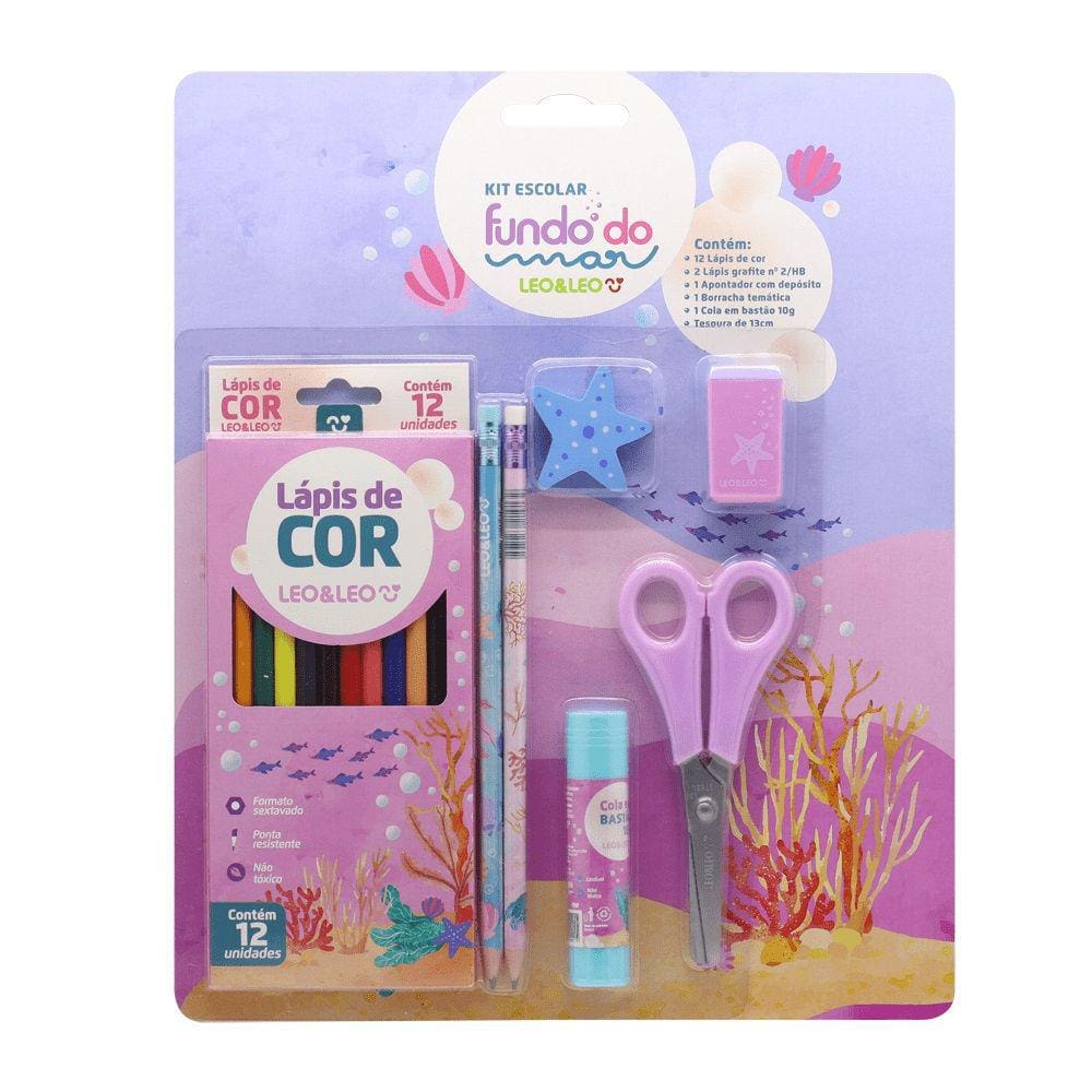 Kit Escolar 6 Peças Fundo do Mar 2 Lápis + 1 Tesoura Leo&Leo