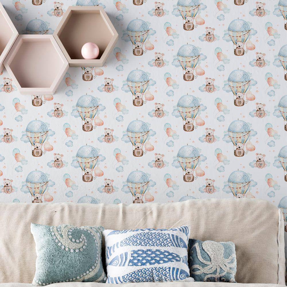 Papel De Parede Auto Colante Infantil Ursinho Fofinho Aquarela Azul Vinilico Decorativo 3m