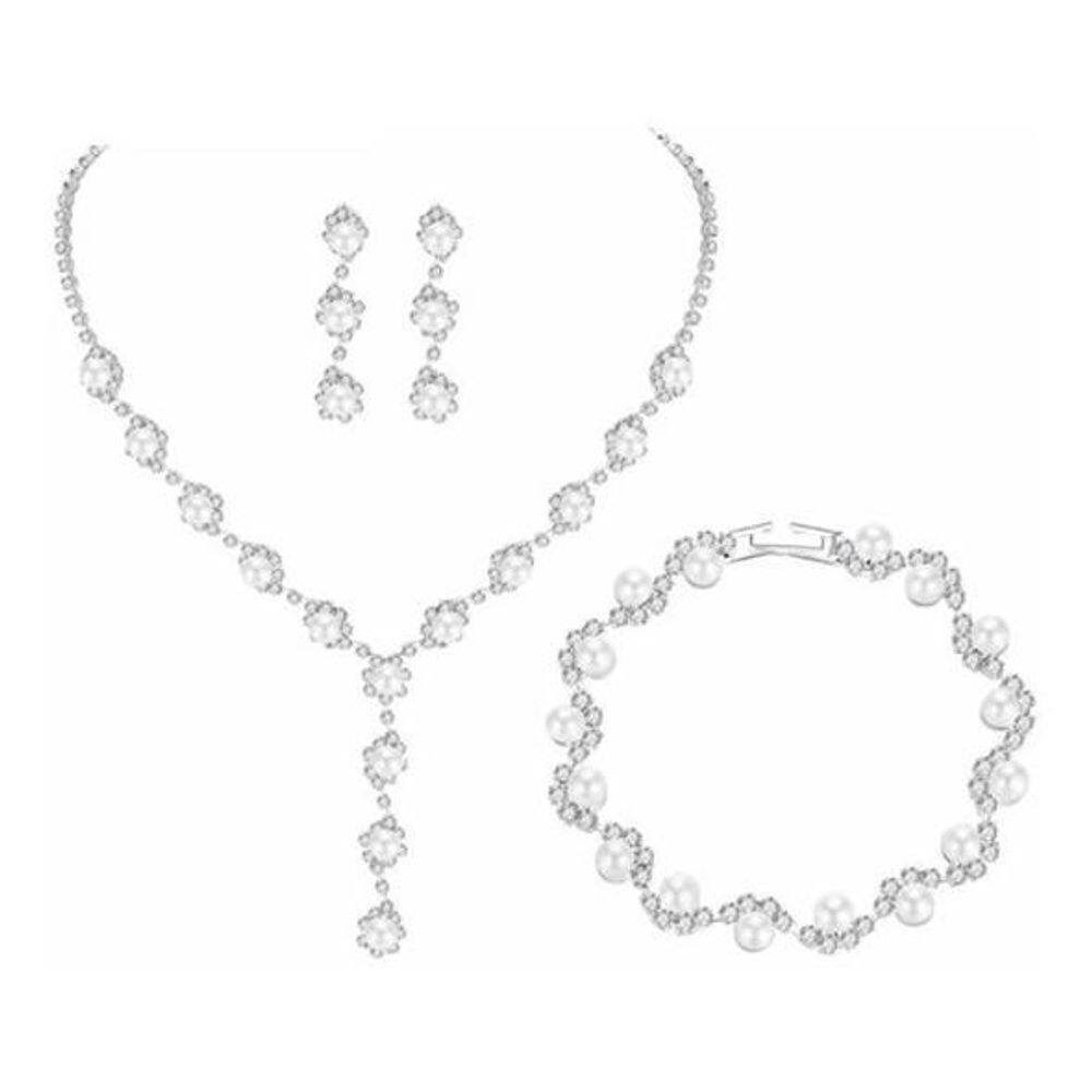 Conjunto Colar, Brinco e pulseira com cristais e pérolas