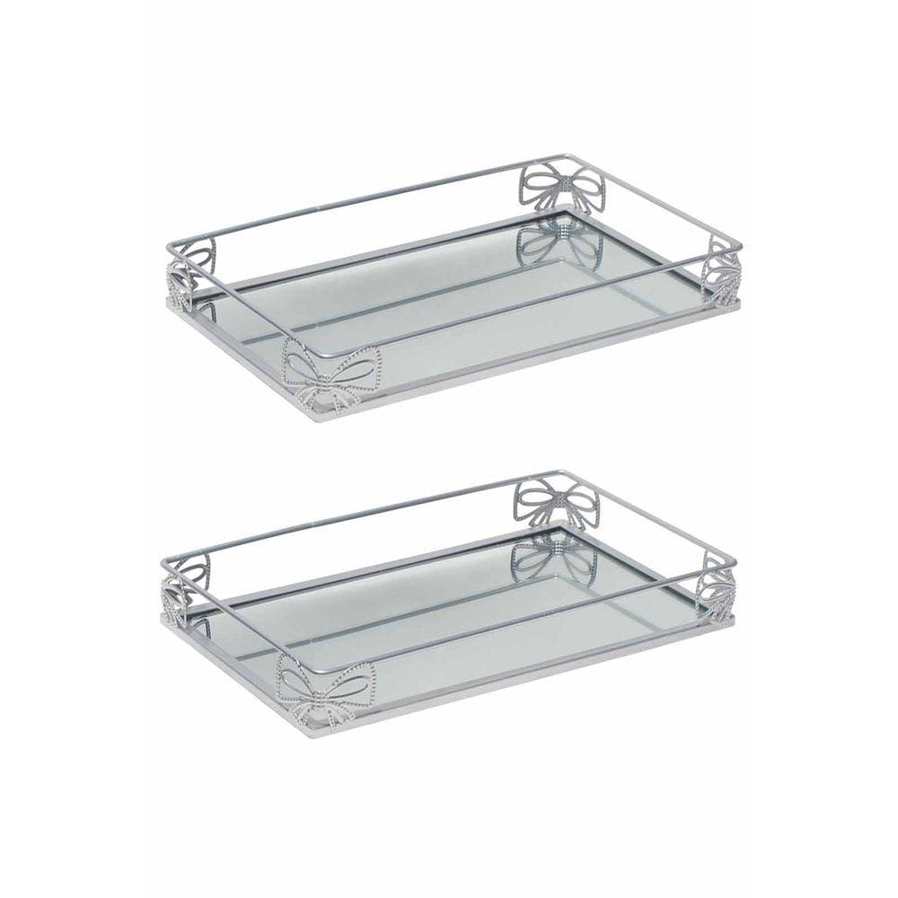 Kit 2 Bandeja Metal Espelho Lavabo Banheiro 27x16cm Prata