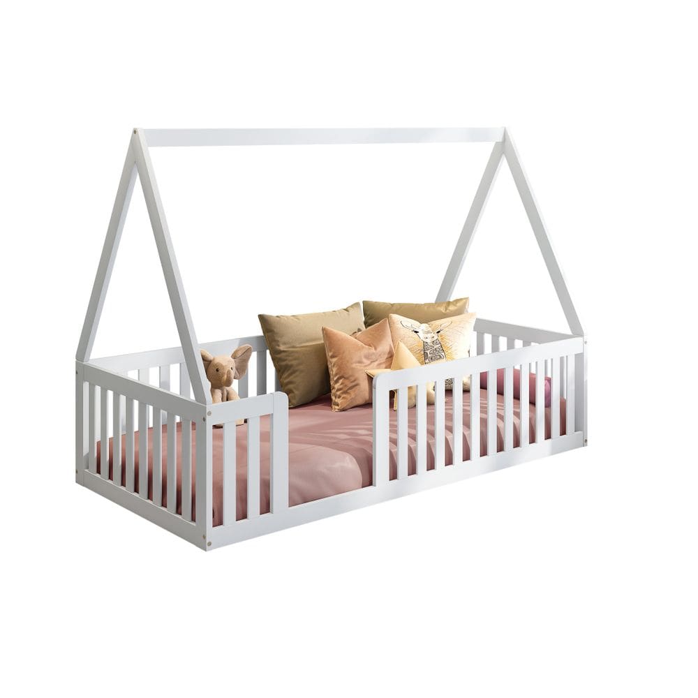 Cama Montessoriana Solteiro Com Grade e Telhado Giulia Casatema Branco