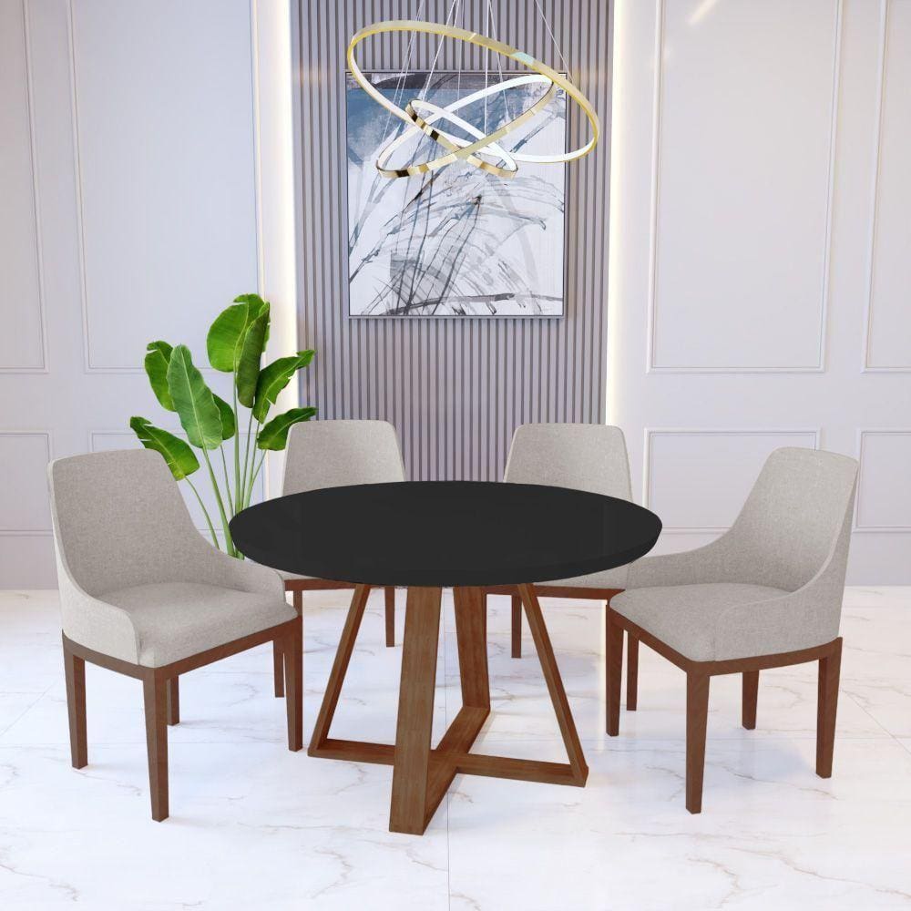 Mesa De Jantar Redonda Pérola Preto Com 4 Cadeiras Elisa Linho Bege Madeira Maciça Imbuia