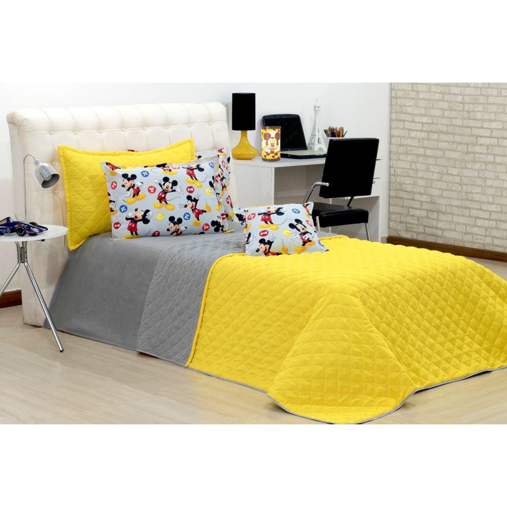 Cobreleito Mickey Solteiro Dupla Face Amarelo E Cinza 03 Pçs