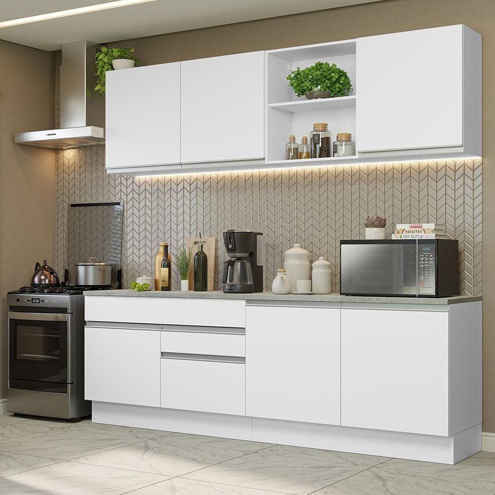 Armário De Cozinha Completa 240cm Branco Glamy Madesa 06 Branco