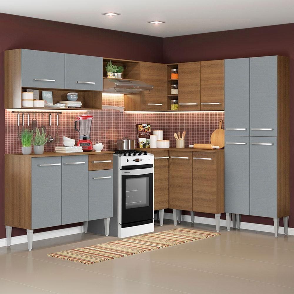 Armário De Cozinha Completa De Canto 417cm Rustic/cinza Emilly Ice Madesa Rustic/cinza