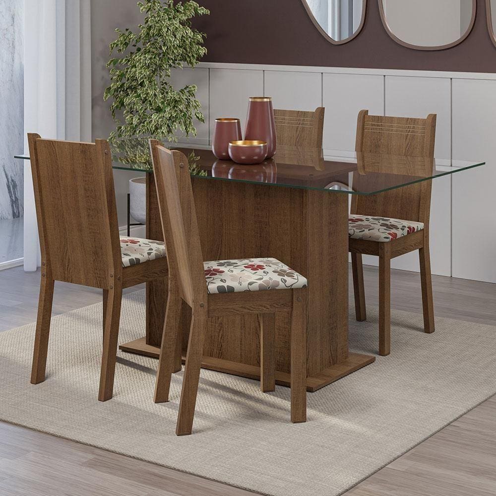 Conjunto Sala De Jantar Mesa Tampo De Vidro 4 Cadeiras Rustic/floral Hibiscos Espanha Madesa Rustic/hibiscos