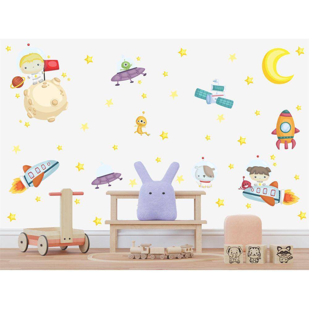 Adesivo De Parede Infantil Astronautas Galaxia E Planetas
