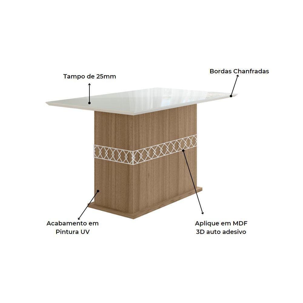 Mesa de Jantar 4 Lugares Tampo com Vidro Lagos Carvalho Off-White
