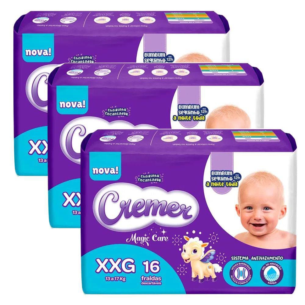 Kit 3 Fraldas Descartável Cremer Magic Care Jumbo XXG - 48 Tiras