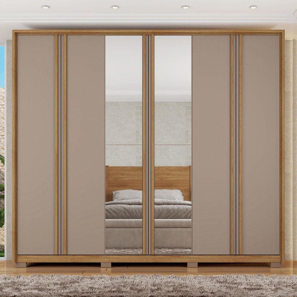 Guarda Roupa Casal 2.7 com Espelho 6 Portas 4 Gavetas Suburban Buriti/Cinza