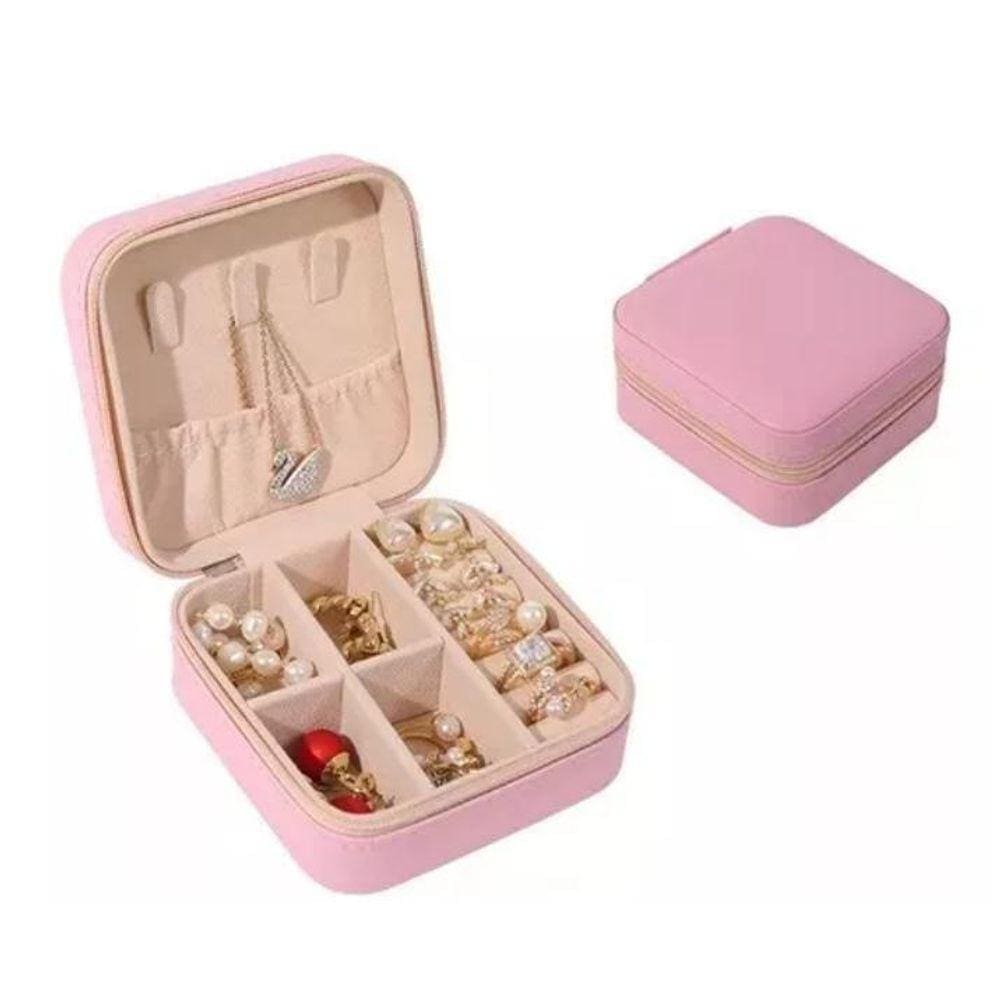 Porta Jóias Couro Premium Rosa Tiffany 15 Compartimentos