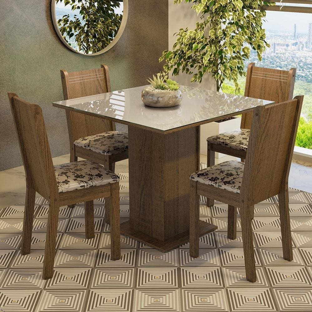 Conjunto Sala De Jantar Mesa Tampo De Vidro 4 Cadeiras Rustic/crema/bege Marrom