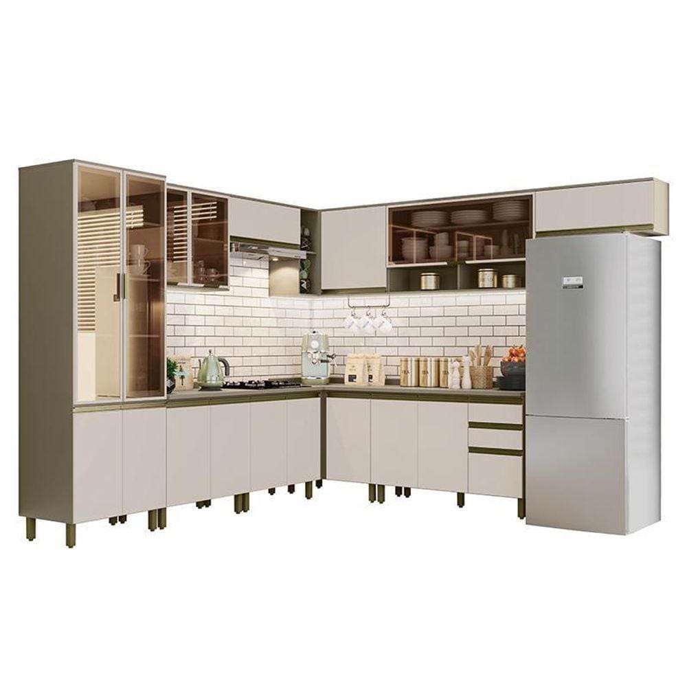 Cozinha Completa de Canto 10 Peças Connect com Cristaleira e Aéreo Vidro - Móveis Henn