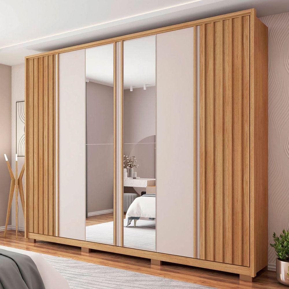 Guarda-Roupa Casal Apollo 6 Portas 4 Gavetas com Espelho Buriti/Off White 8002200106 - Caemmun