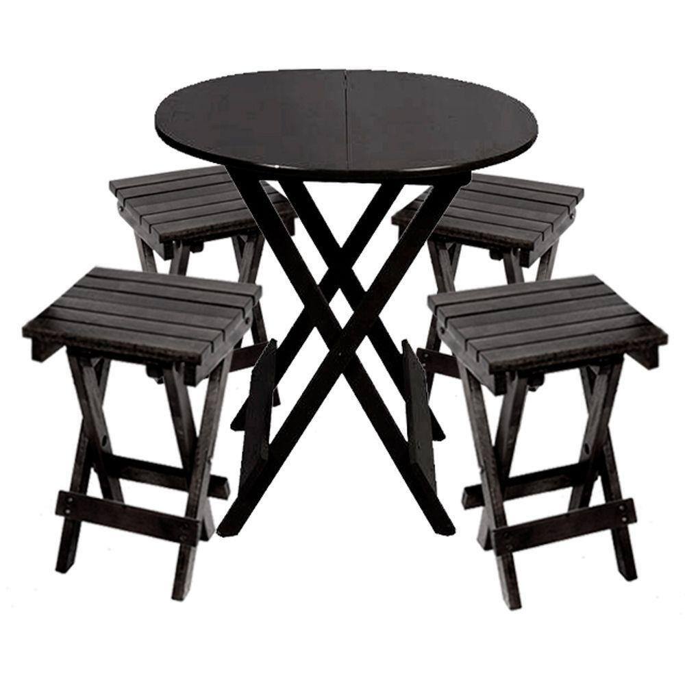 Conjunto Restaurante De Mesa Dobravel 60cm Redondo Com 4 Banquinhos Dobraveis Preto - Preto
