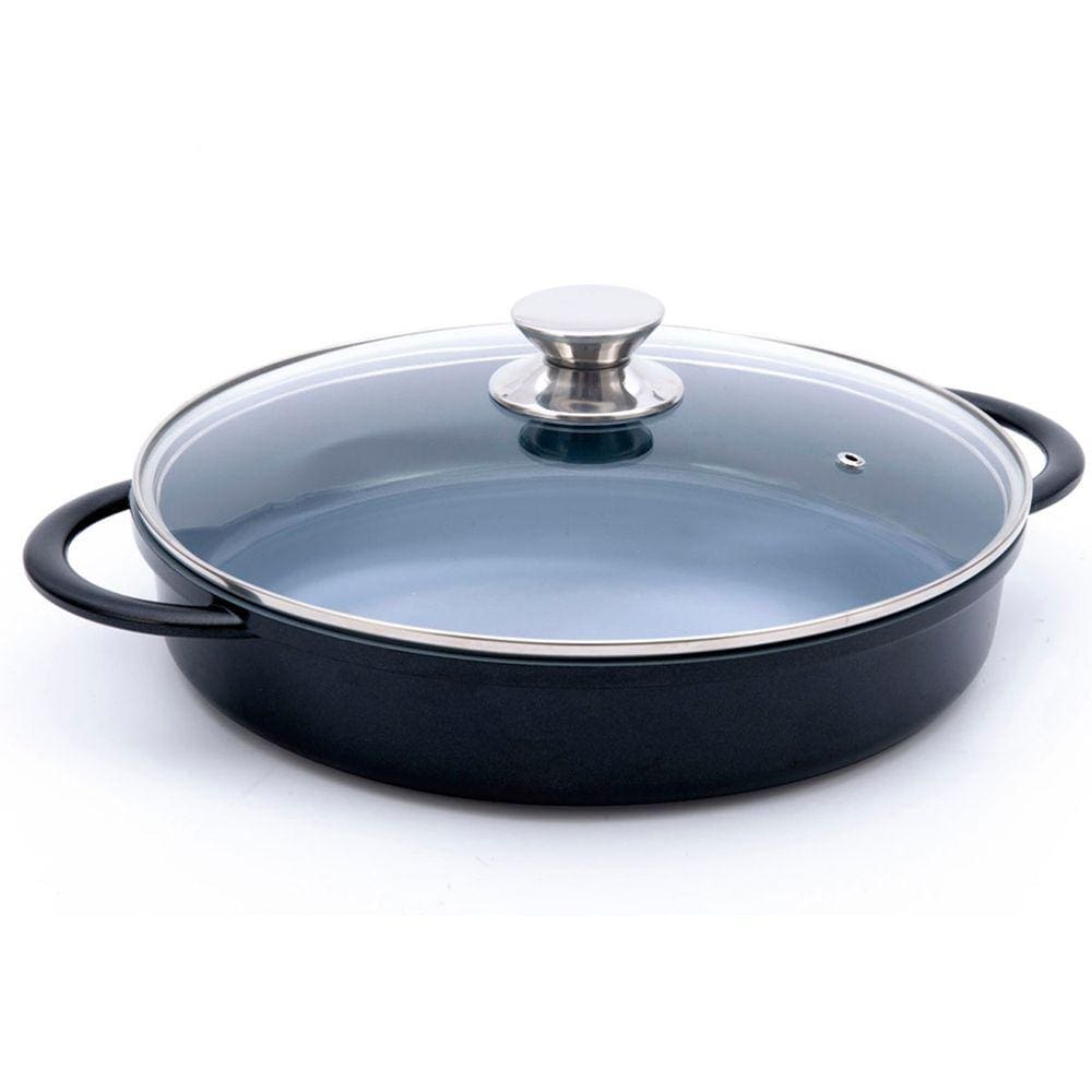 Caçarola Baixa Hercules Indução Antiaderente Ceramico Tampa de Vidro Redonda Preta 30cm 3,5 Litros