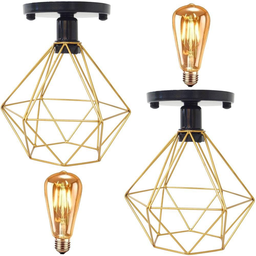 2 Lustre Teto Plafon + 2 Lâmpada Led St64 Industrial Aramado Diamante Retrô Luminária Vintage