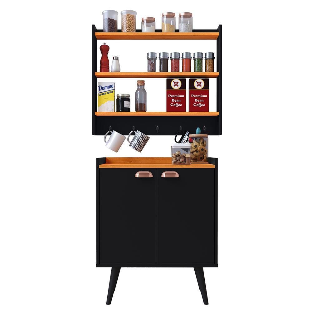 Kit Aparador Buffet Retrô 2 Portas Armário Suspenso Prateleiras Ganchos Organizadores Cozinha Pequena - Preto/Cinamomo - RPM Móveis