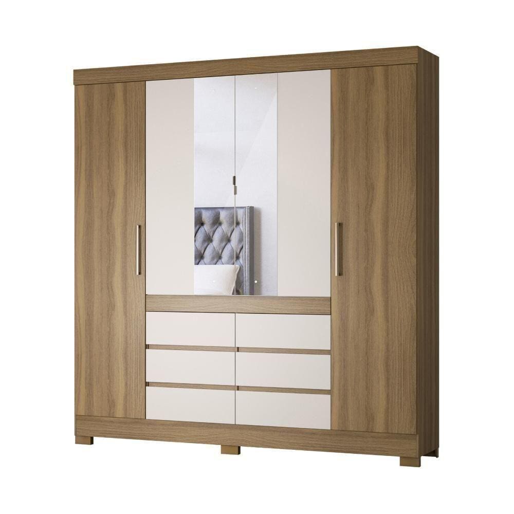 Guarda-roupas Casal 4 Portas 6 Gavetas e Espelhos Cr35192 Amêndola-off White