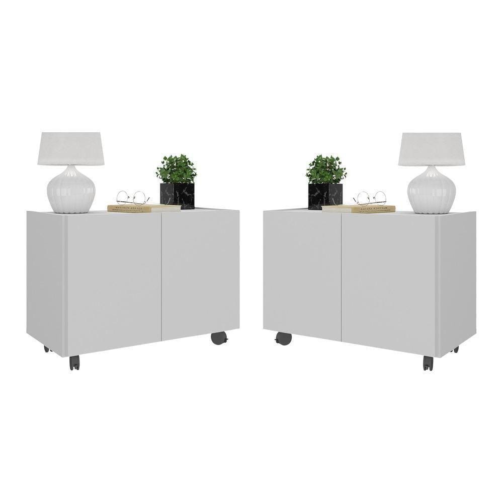 Kit 2 Mesas De Cabeceira Com Rodízios 2 Portas Multimóveis Mp4136 Branco Branco