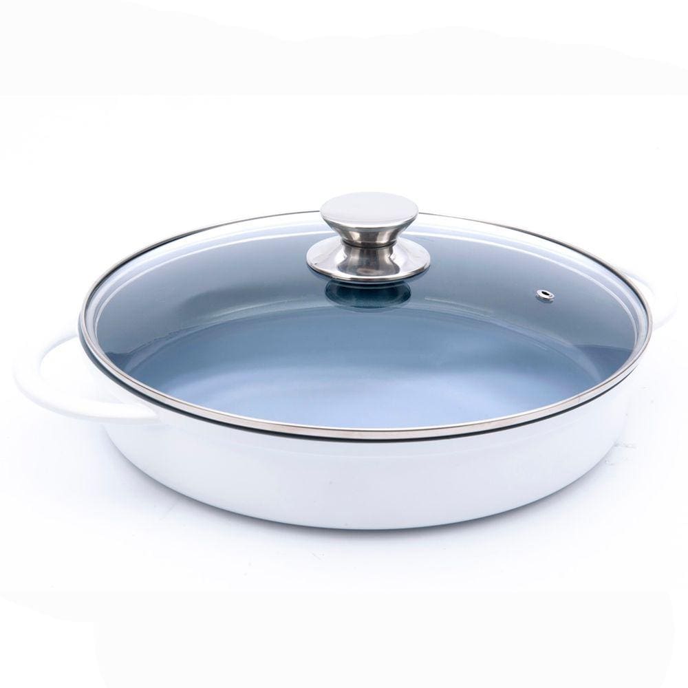 Caçarola Baixa Hercules Indução Antiaderente Ceramico Tampa de Vidro Redonda Branca 30cm 3,5 Litros
