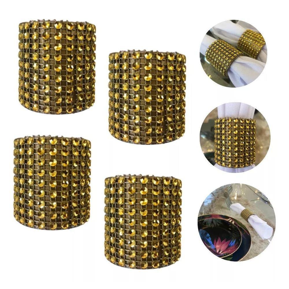 Kit Anel Guardanapo Dourado - 4 Peças, Poliresina e Strass