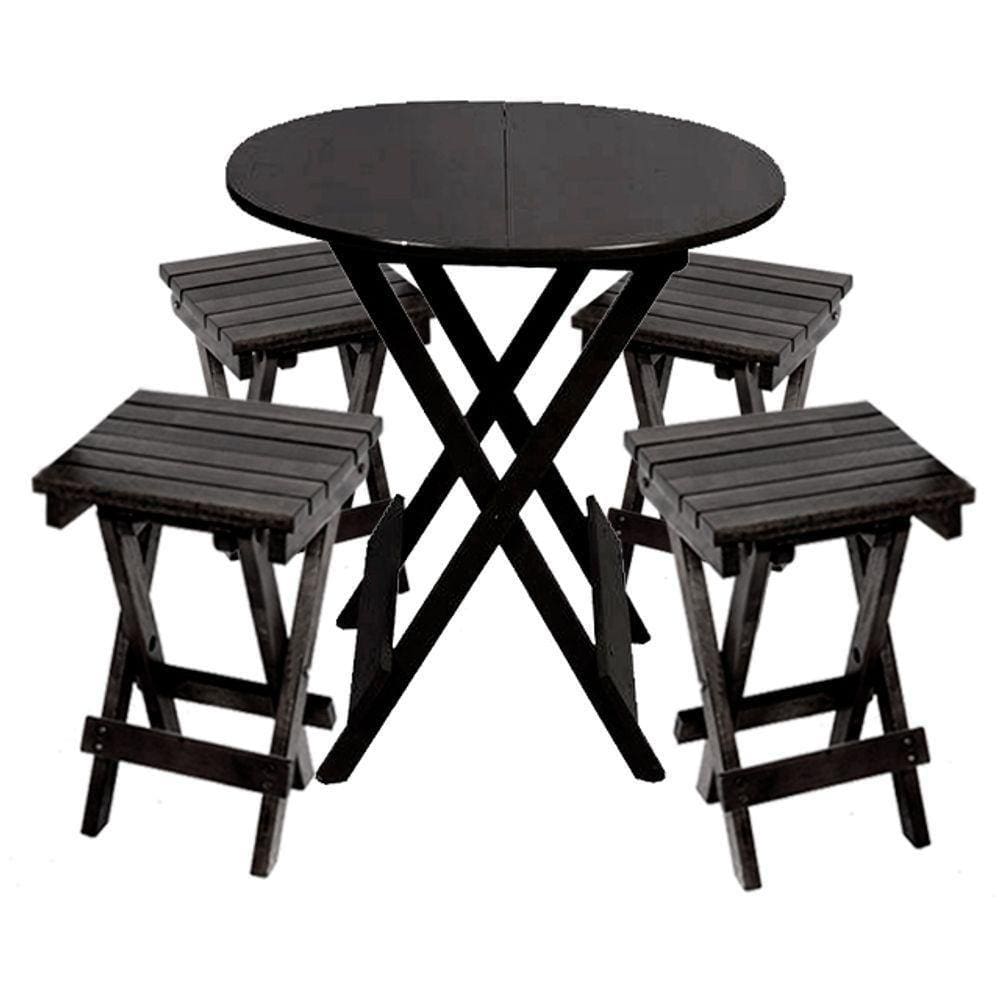 Conjunto Premium De Mesa Dobravel De Madeira 60cm Redondo Com 4 Banquinhos Dobraveis Preto - Preto