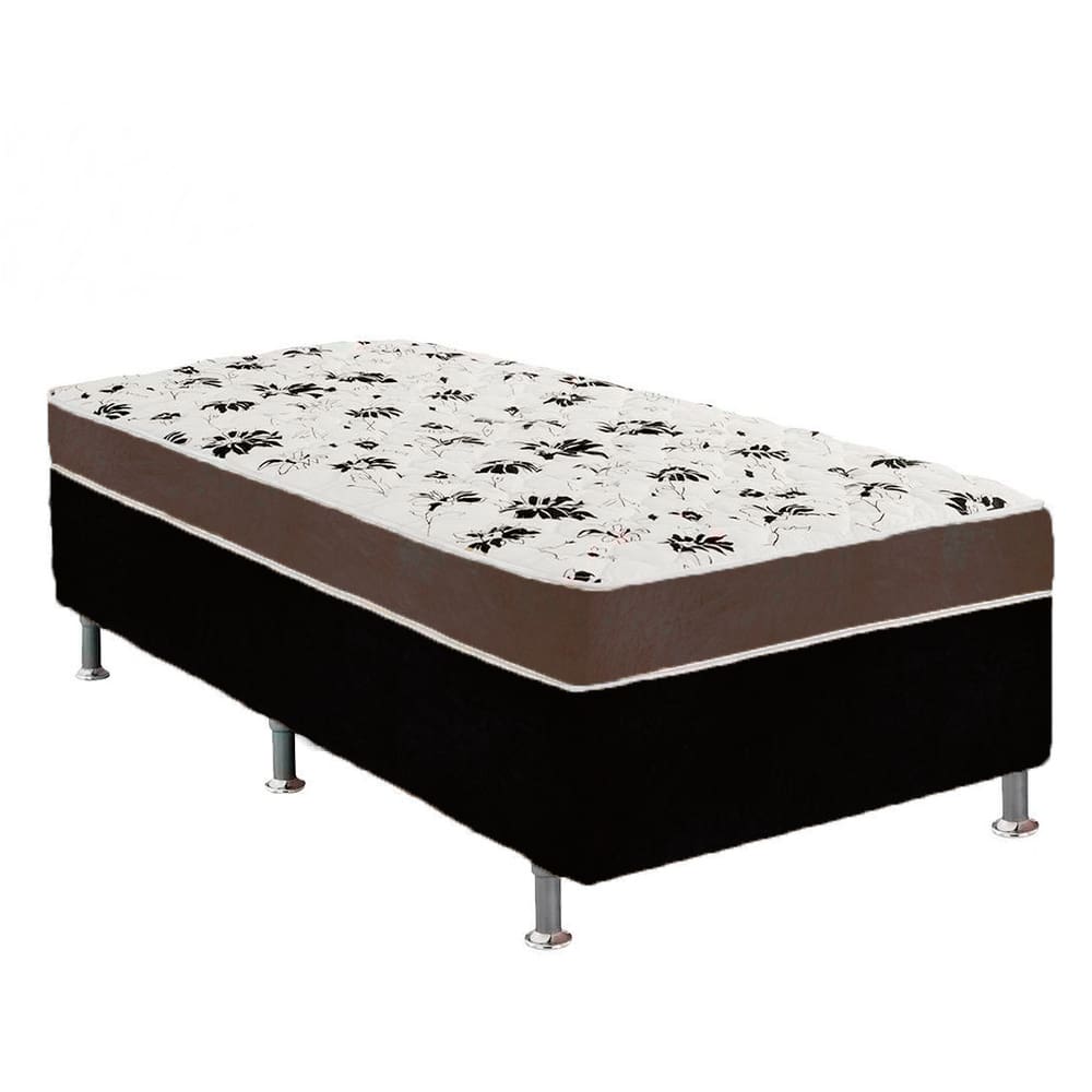 Cama Box Solteiro Suede Preto + Colchão Solteiro Suede Marrom Orto Molas Bonnel 88x188x55