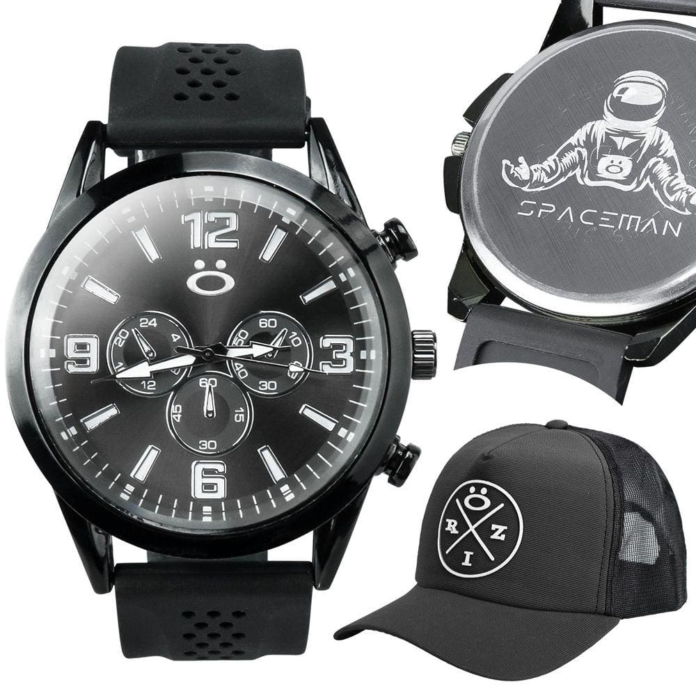 Kit Relogio Masculino analogico boné preto silicone presente