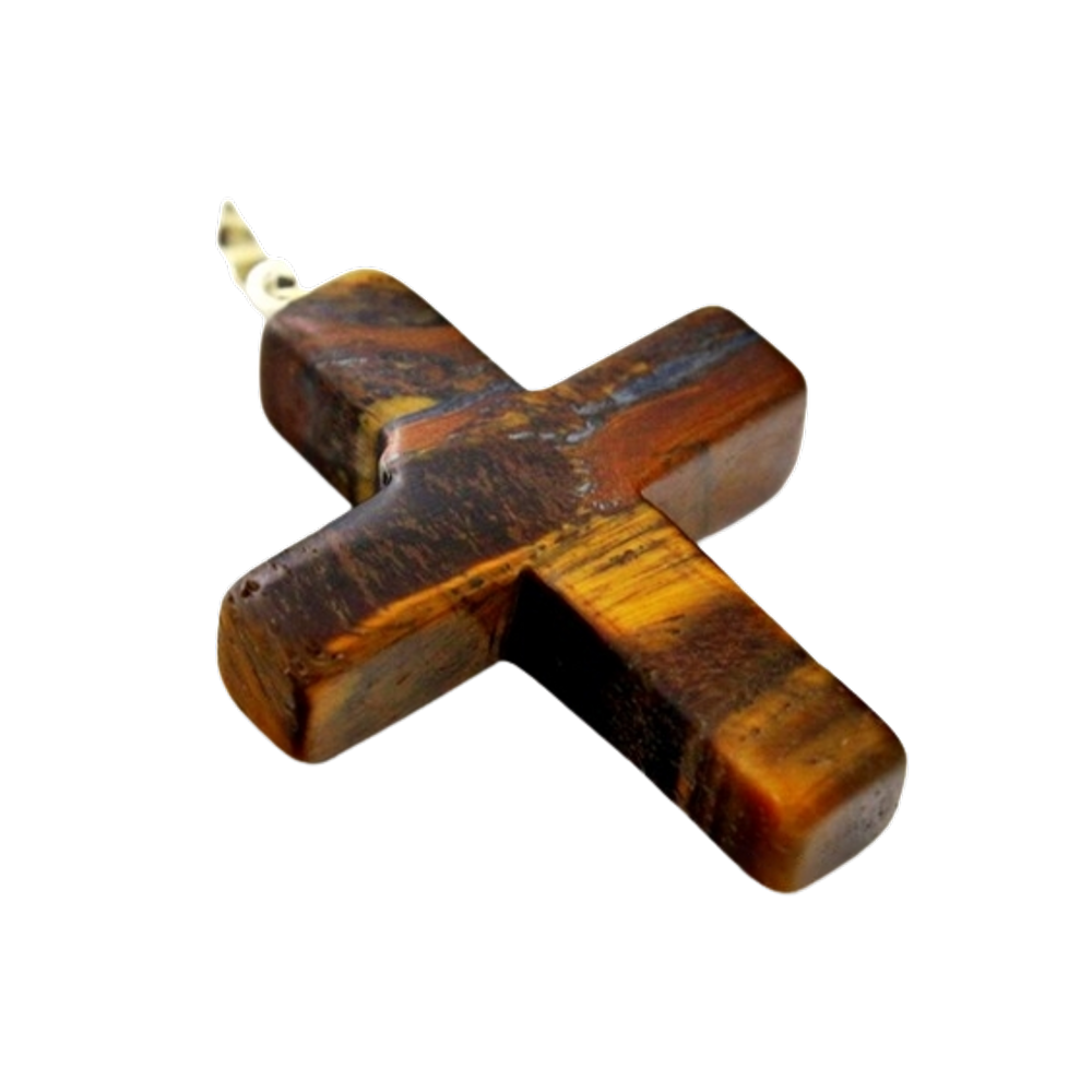 Colar Crucifixo Pedra Olho de Tigre Natural Envolto Prateado
