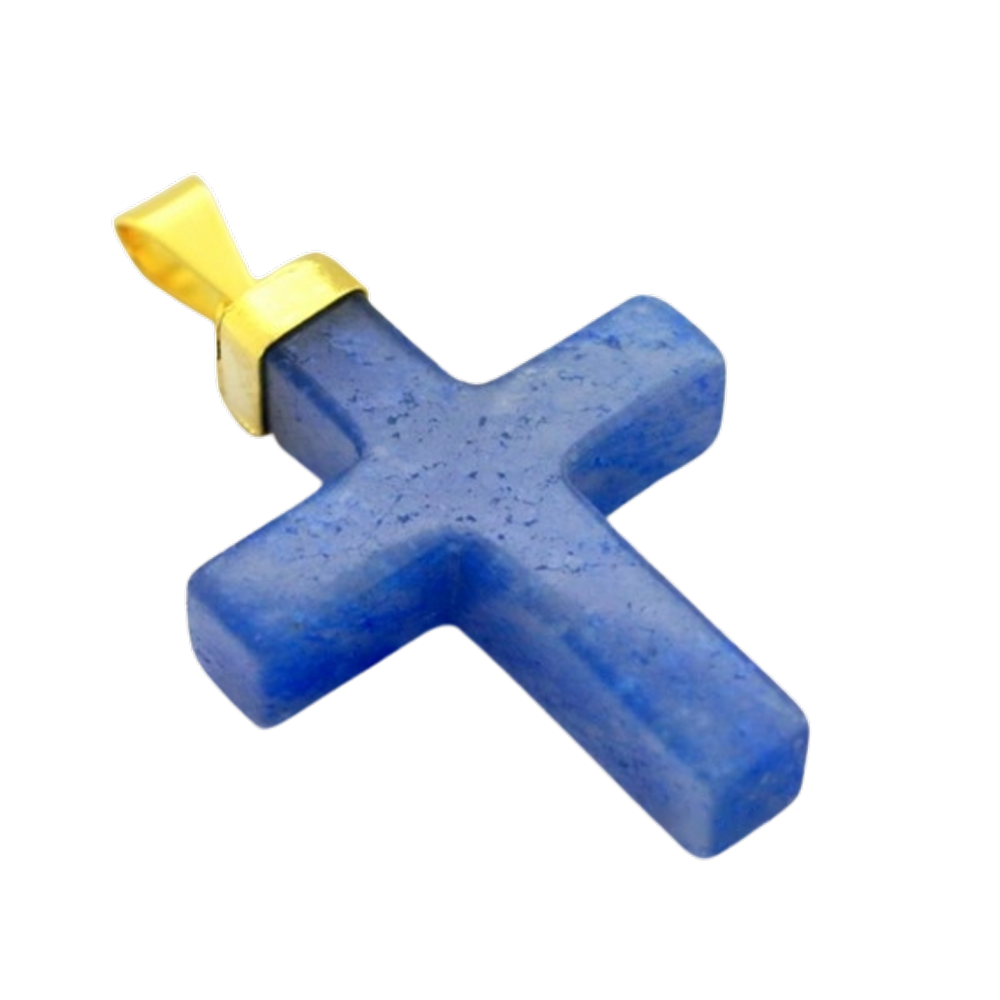 Colar Crucifixo Quartzo Azul Natural Envolto Dourado