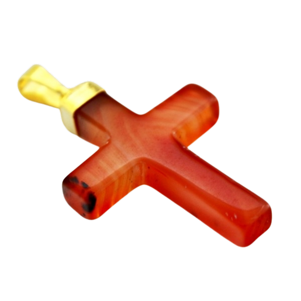 Colar Crucifixo Ágata Cornalina Natural Envolto Dourado