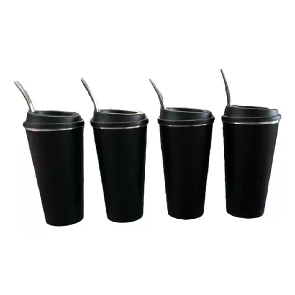 Kit 04 Copos de Tereré Verão Preto com Tampa e Bomba