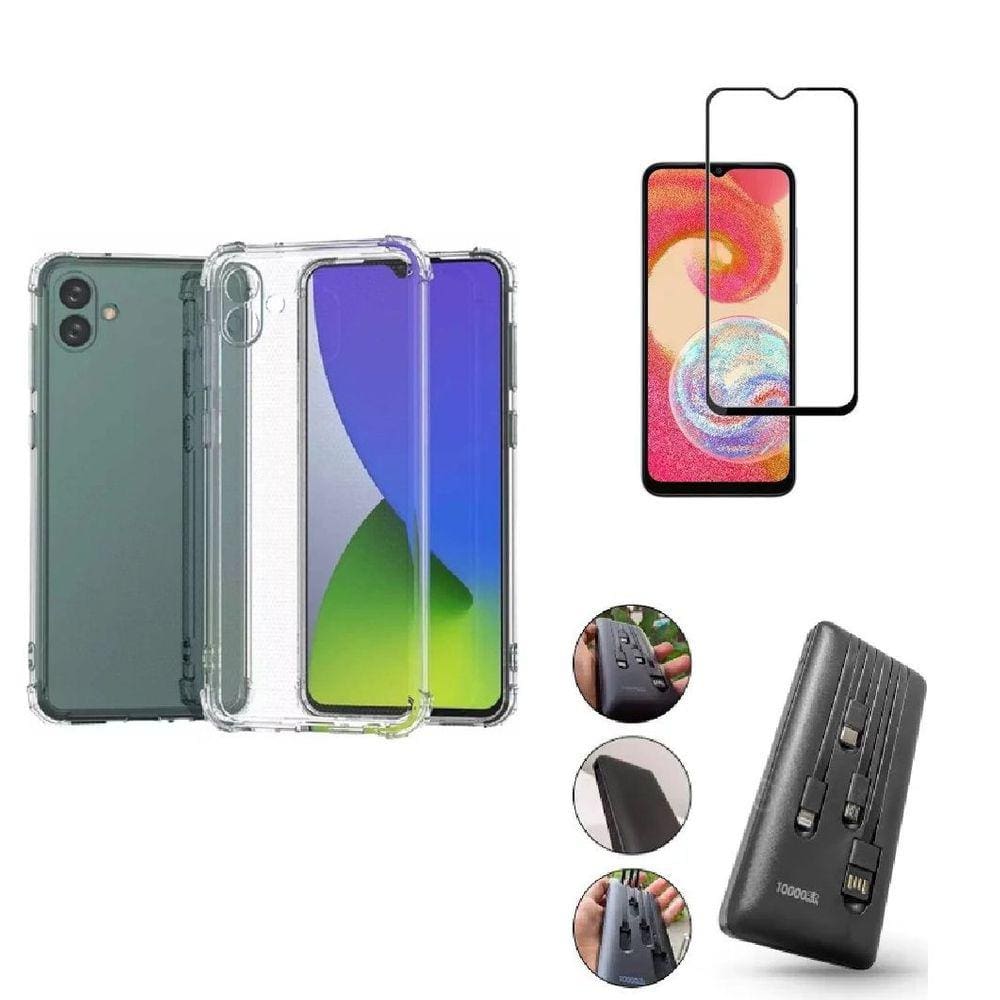 Kit Carregador Portátil BlueStar 10.000mAH Samsung Galaxy A04e + Capa + Película De Vidro 3D