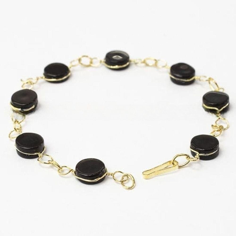 Pulseira Disco Pedra Obsidiana Negra Ranhurado Dourado