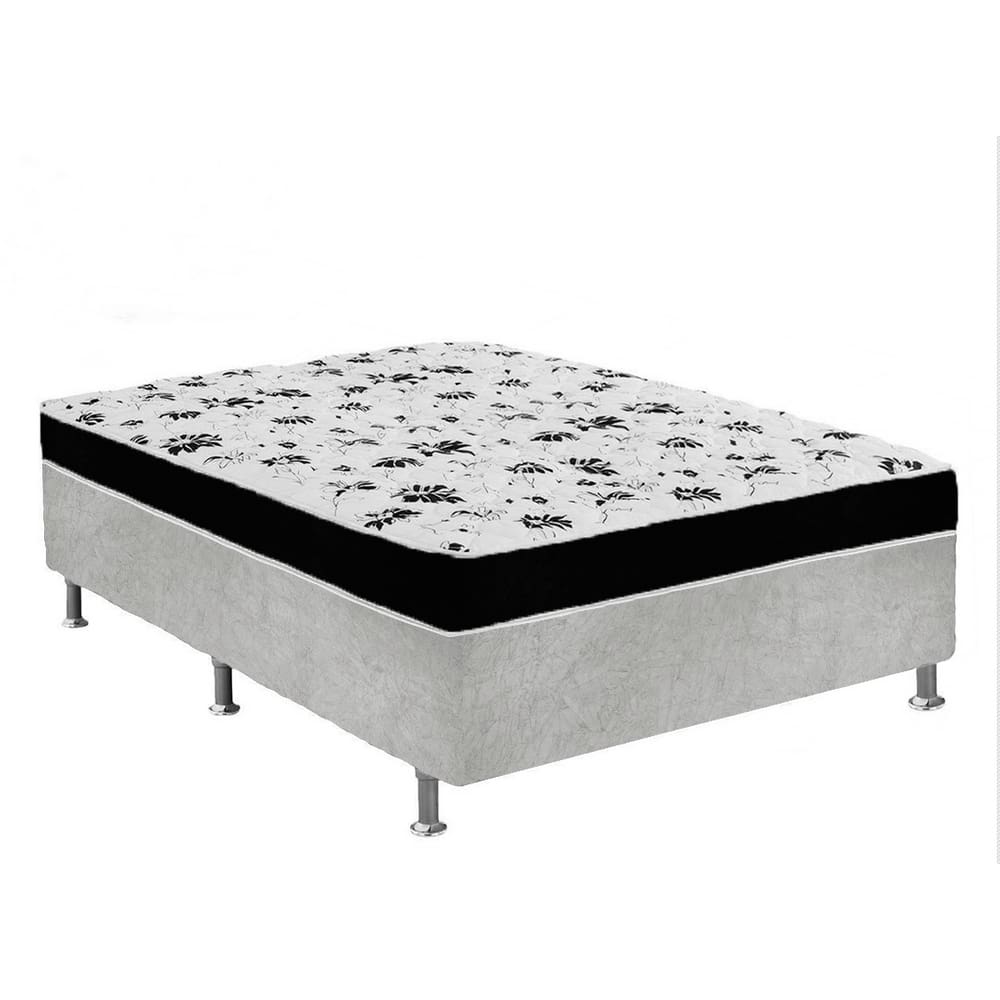 Cama Box Casal Suede Cinza + Colchão Casal Suede Preto Espuma 138x188x55