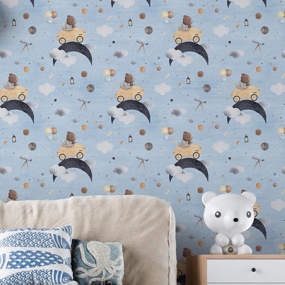 Papel de parede Carrinho Infantil Ursinho Aquarela Azul Quarto Menino Sala Lavavel 3m