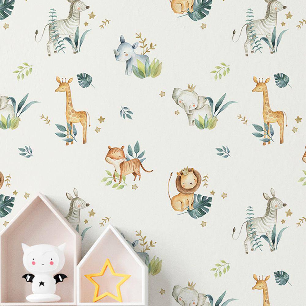 Papel de Parede Animais Safari Infantil Aquarela Branca Decorativo Auto Adesivo quarto sala 12m