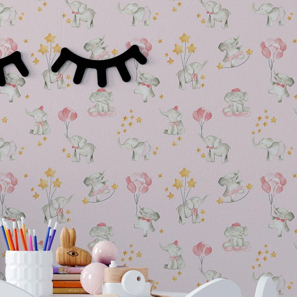 Papel de Parede Auto Adesivo Elefante Fofinho infantil rosa quarto menina Decorativo 15m