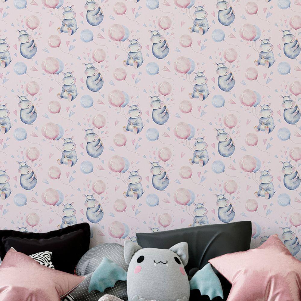 Papel De Parede Hipopotamo roxo Infantil Decorado Lavavel Aquarela Colorida Quarto Menina 6m
