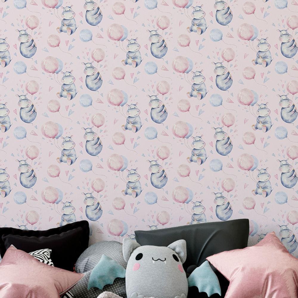 Papel De Parede Hipopotamo roxo Infantil Decorado Lavavel Aquarela Colorida Quarto Menina 15m