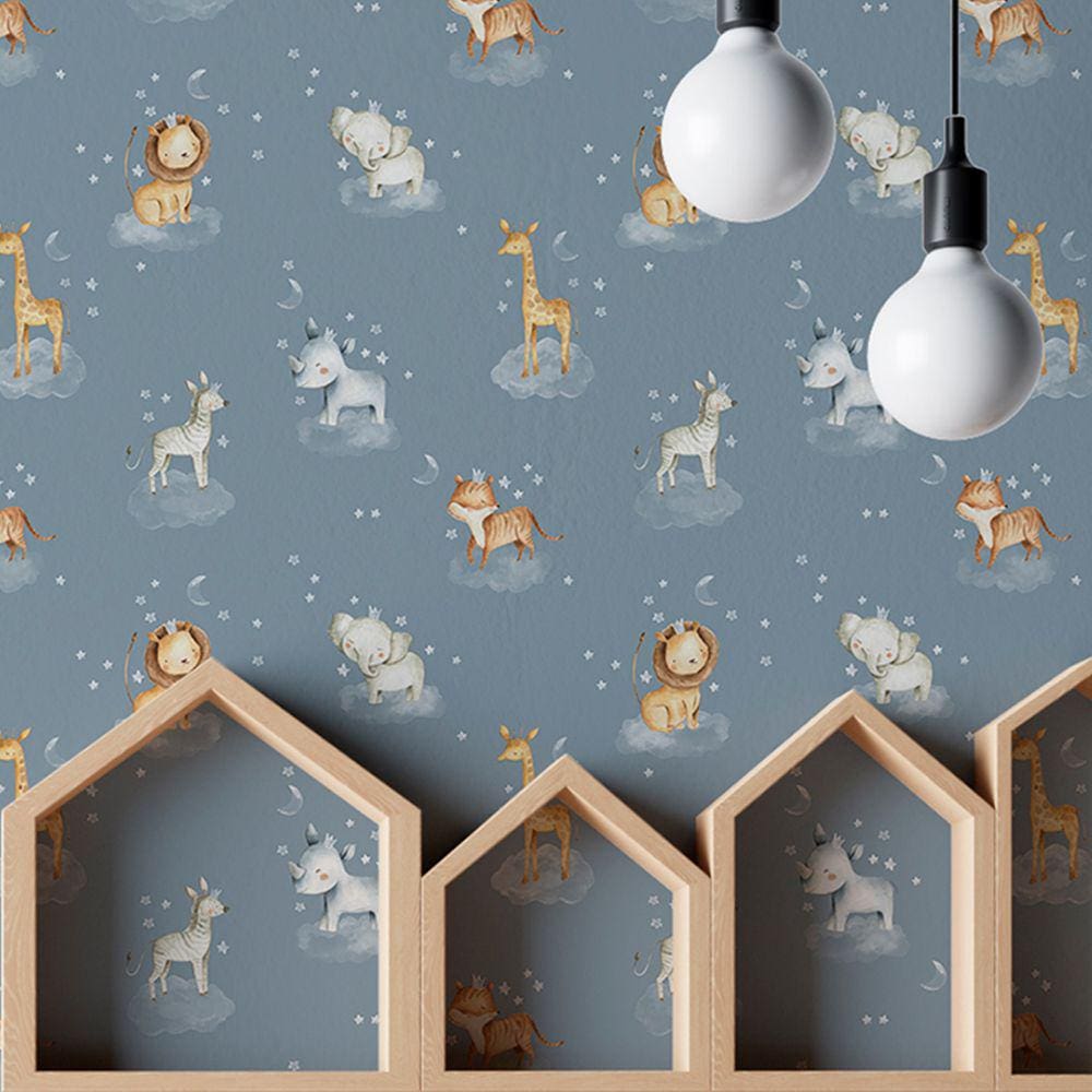 Papel de parede Animais Infantil Aquarela Azul estrelas abstratas Safari Auto Adesivo 15m