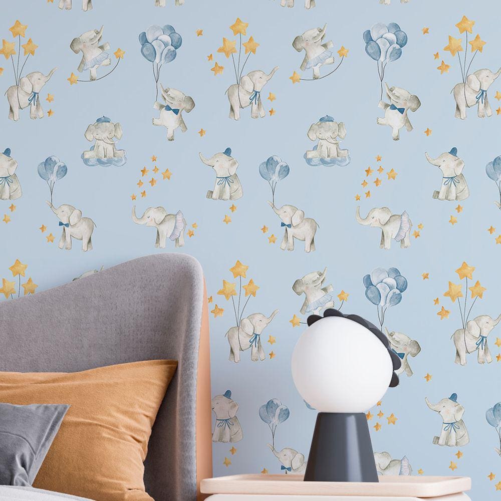 Papel de Parede Auto Adesivo Elefante Fofinho infantil azul quarto menino Decorativo 18m