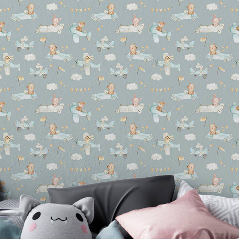 Papel de parede Carrinho Infantil azul Animais Quarto Menino Decorativo 6m