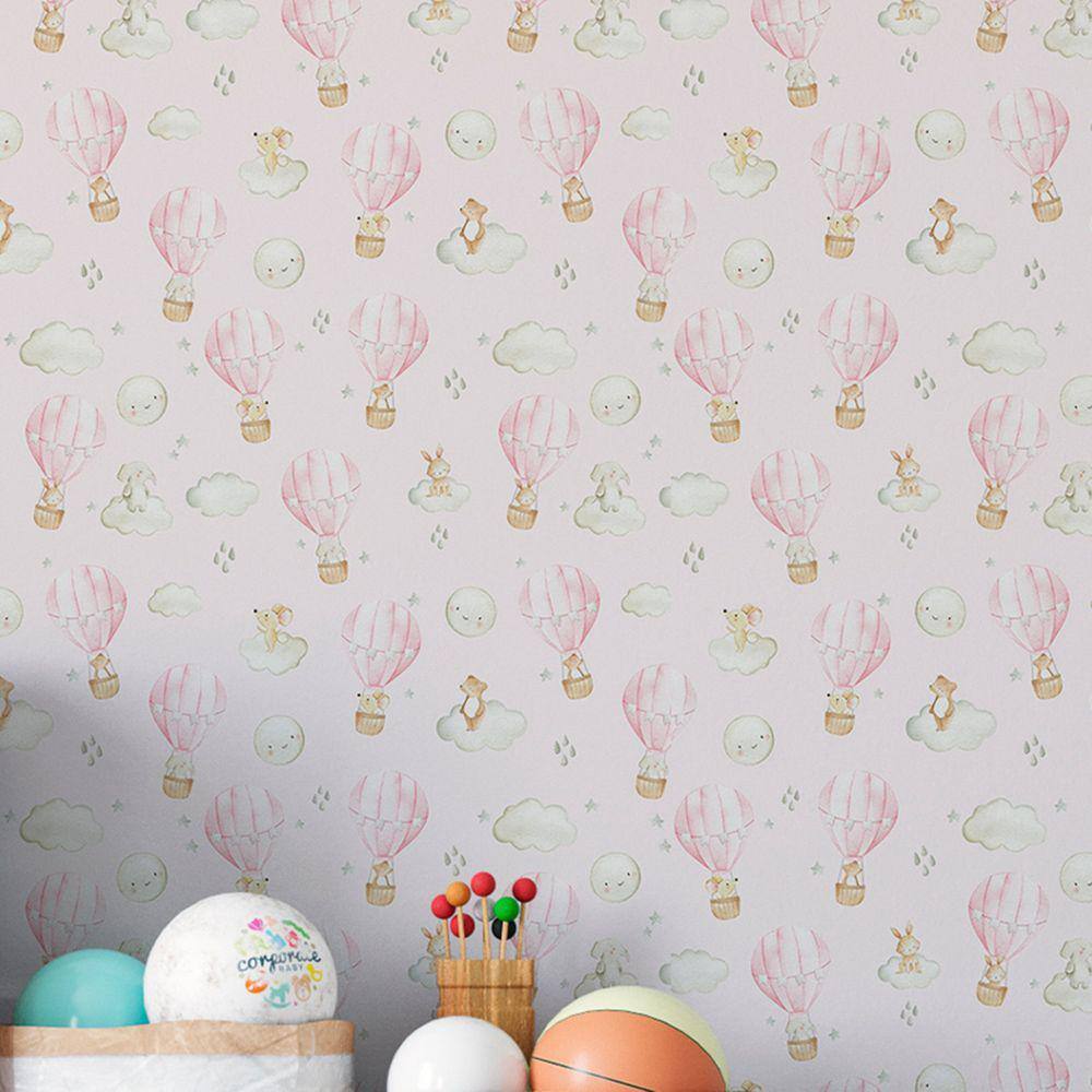 Papel de Parede Ursinho Infantil Auto Adesivo Balões rosa Quarto Menina Decorativo 15m