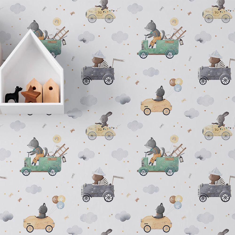 Papel de parede Carrinho de Brinquedo Infantil auto Colante Animais Aquarela Clara Decorativo 6m