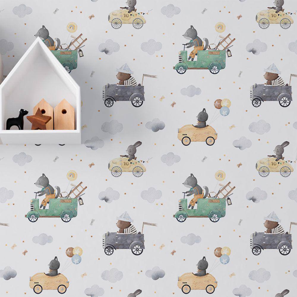 Papel de parede Carrinho de Brinquedo Infantil auto Colante Animais Aquarela Clara Decorativo 9m
