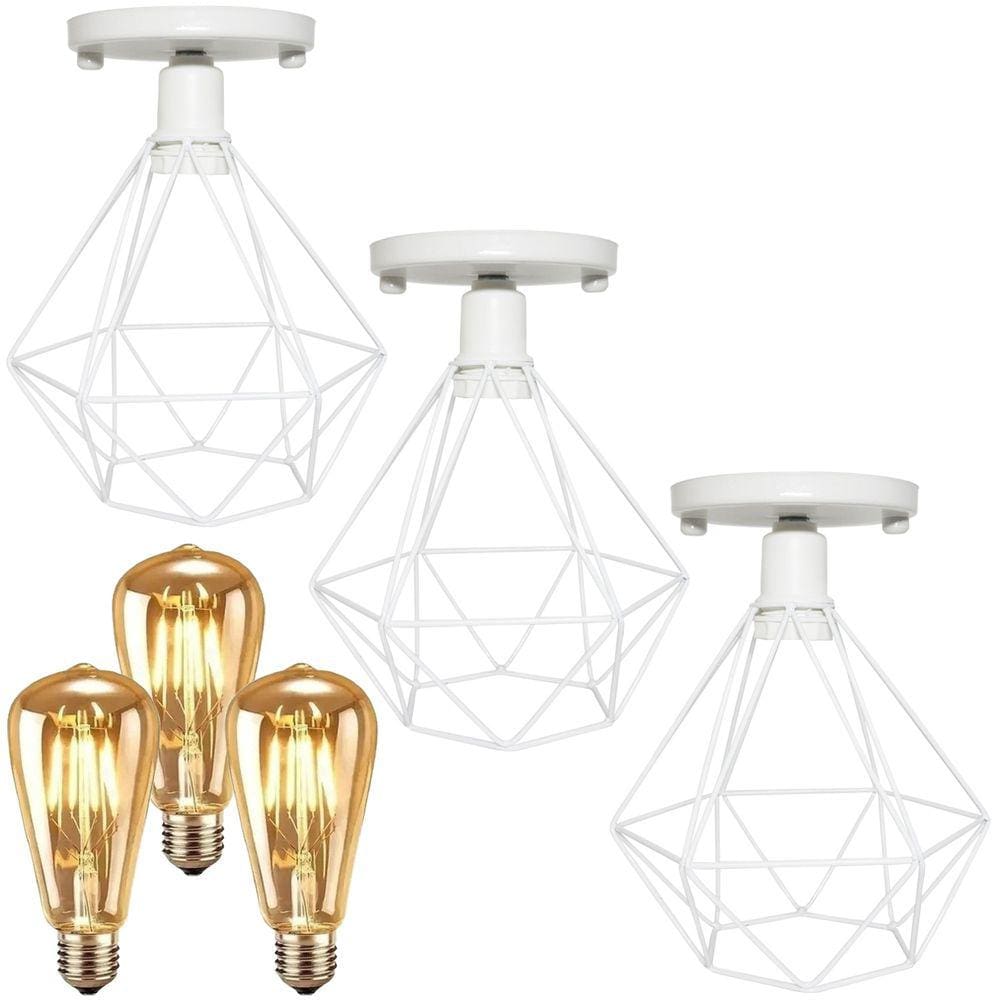 3 Lustre Teto Plafon + 3 Lâmpada Led St64 Industrial Aramado Diamante Retrô Luminária Vintage