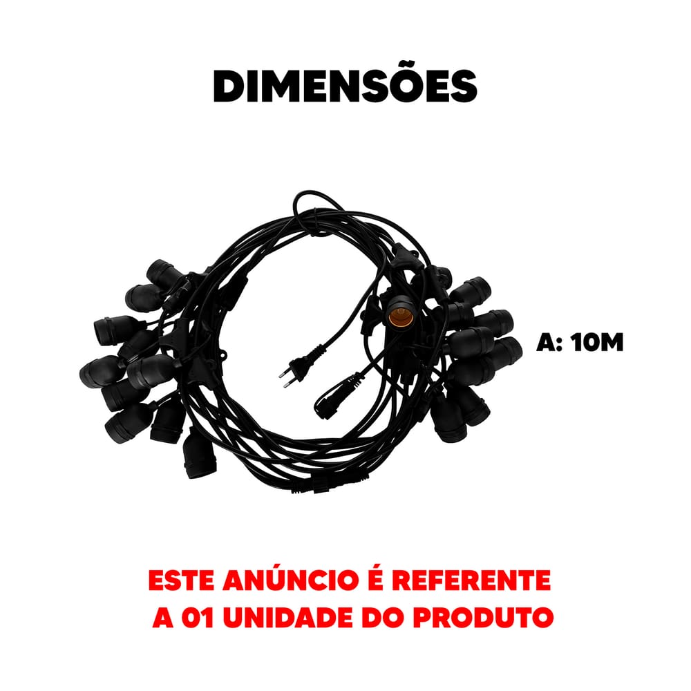 Cordão Festão de Luz Cordinno E27 Preto Fosco IP65 Avant