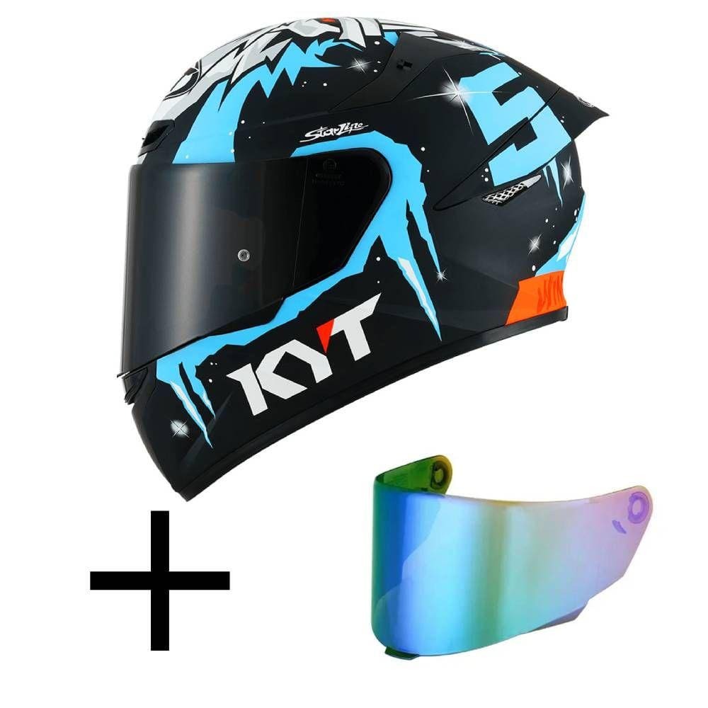 Capacete KYT TT Course Masia Winter Test Preto e Azul Brilhante Mais Viseira Camaleão